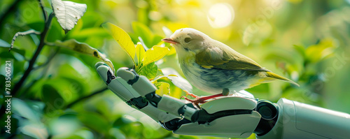 AI robot caring for a little bird, Environmental friendliness and Earth conservation theme