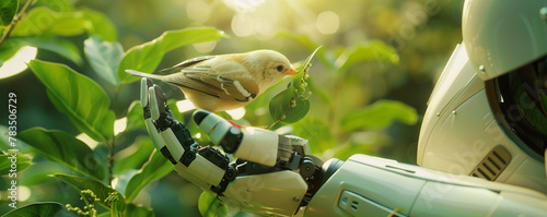 AI robot caring for a little bird, Environmental friendliness and Earth conservation theme photo
