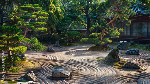 A peaceful Japanese Zen garden, with carefully raked sand, smooth stones, and a few meticulously maintained trees.. 32k, full ultra hd, high resolution