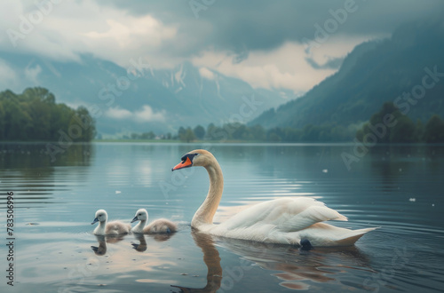 A family of swans with their young on the water  seen in their natural habitat  with a green grassy background