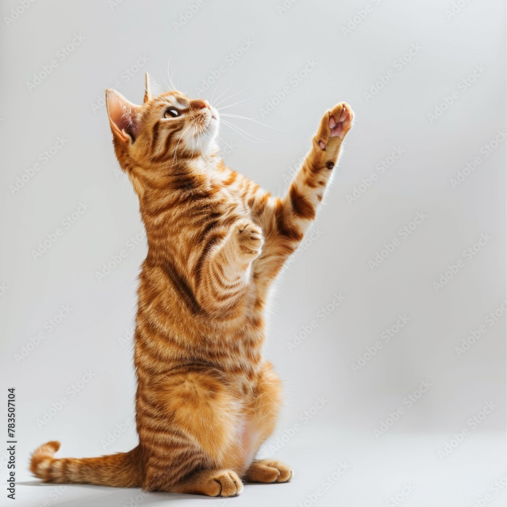 Obraz premium A striped red cat sits on its hind legs, raised its front paws up and looks up on a white floor in studio. Portrait of a pet in motion. Studio photo of funny cat doing trick.