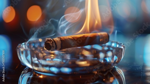 A burning cigar on a classic glass ashtray.