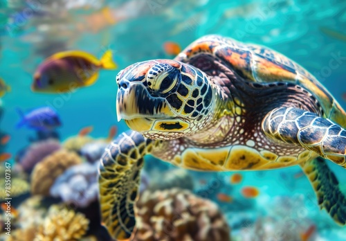 A majestic sea turtle swims in the vibrant underwater world of a coral reef, teeming with colorful marine life.