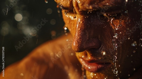 His skin was drenched in sweat a testament to the intensity of his training. .