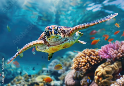 A Hawksbill sea turtle swims in clear tropical waters, its shell pattern a natural art among the coral and fish.