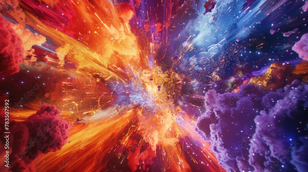 A burst of orange and red fire contrasts with bursts of blue and purple creating an explosion of color in slow motion. - obrazy, fototapety, plakaty 