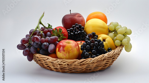 Fresh fruits in wicker basket isolated on white background