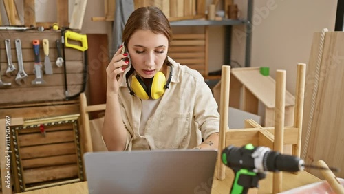 Brunette woman in a carpentry workshop using a phone and laptop with tools and wood around her. photo