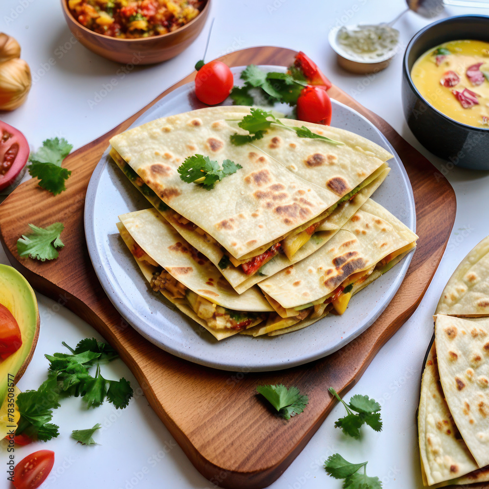 Mexican quesadilla with chicken, cheese and peppers on wooden table.stack ,tomato Mexican quesadilla with chicken, cheese and peppers on wooden table.stack ,tomato