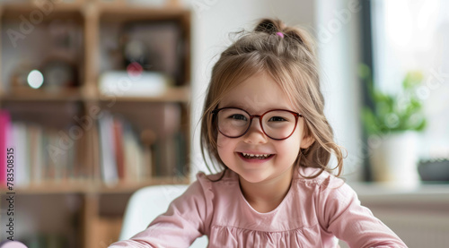 Happy little girl with glasses sitting at the table in the classroom and smiling, white background