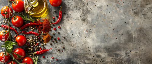 Bright red tomatoes, chili peppers, and spices with olive oil on a textured grey background, a vibrant mix for a flavorful culinary scene. 