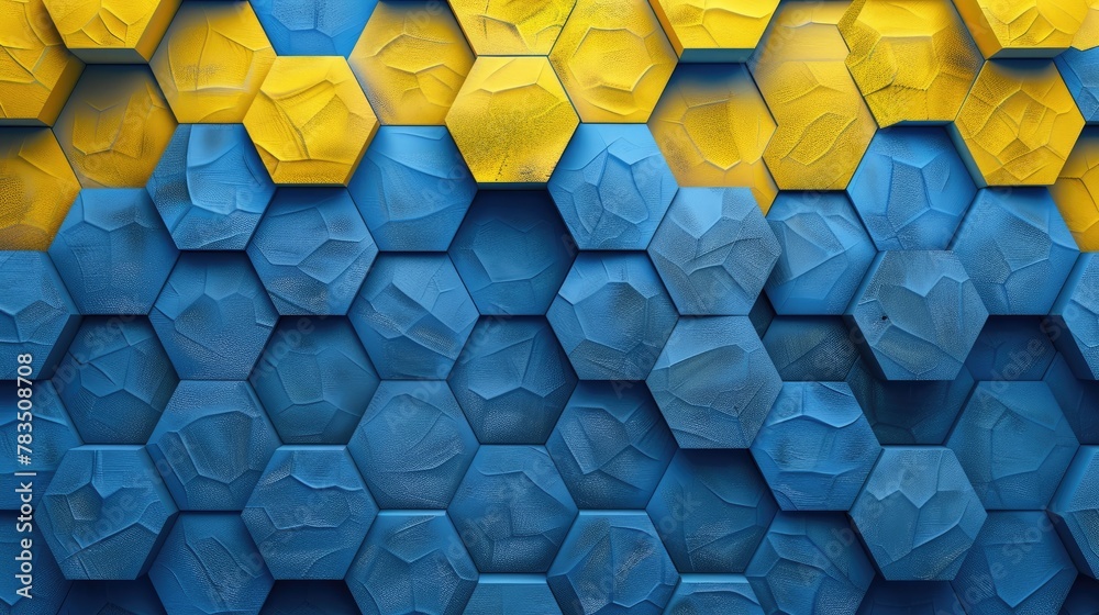 An abstract mural of hexagons in a gradient from yellow to deep blue An abstract mural of hexagons in a gradient from yellow to deep blue