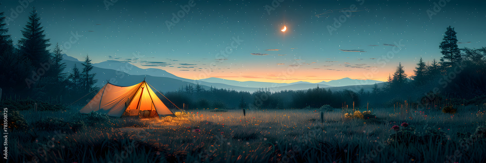 camping in the mountains,
Illustration of camping tent placed on green - obrazy, fototapety, plakaty 