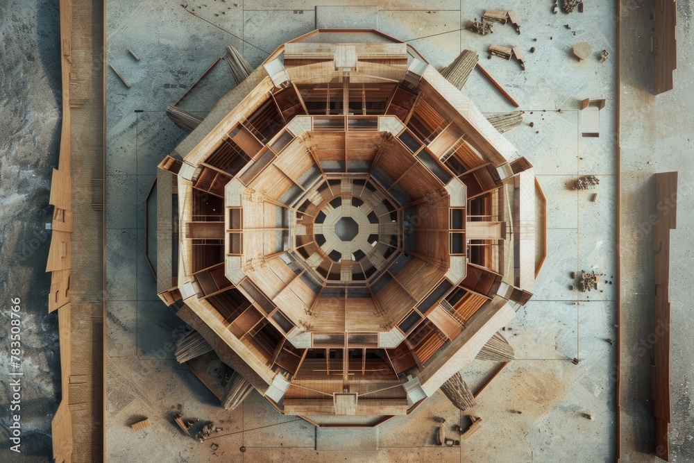 An architectural model of a hexagonal building An architectural model of a hexagonal building