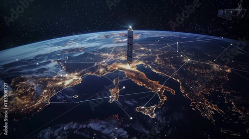 Advanced telecom satellites encircling the globe, beaming data for online connectivity, internet access, and GPS services, revolutionizing our connection to the world.