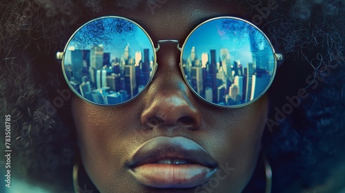 mirrored sunglasses worn by an African American woman with a large afro, reflected in the lenses is the New York cityscape at midday