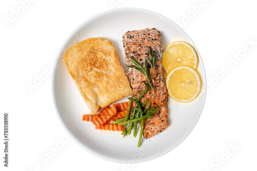 Salmon Steak with Butter Toast Ready to eat on isolated white background. Top view.