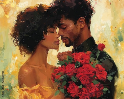 young beautiful African American woman with a short curly afro, giving her a bouquet of red roses  photo