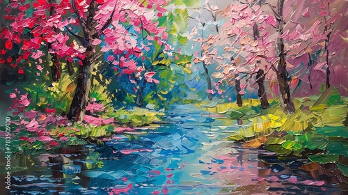 Create an image of a blooming forest IN THE SPRING with a meandering stream Colorful, oil painting, heavy strokes, impasto photo