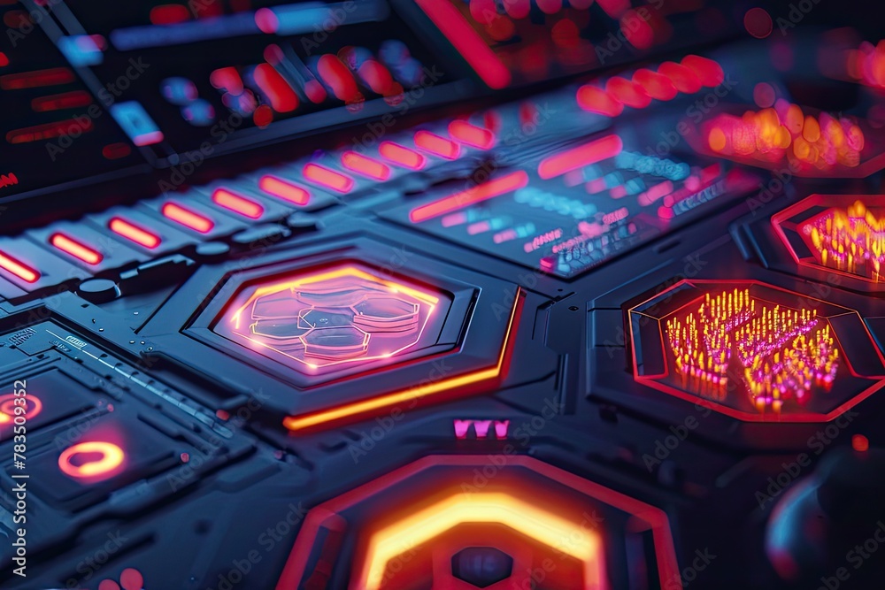 Obraz premium A futuristic interface with hexagonal buttons and holographic displays