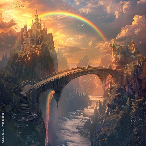 A fantasy bridge connecting two worlds with a rainbow arch as its gateway photo