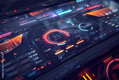 A highly detailed futuristic dashboard with glowing red and blue lights.
