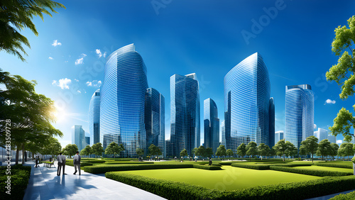 Financial and commercial district, high-rise buildings, landmark buildings under blue sky and white clouds © StellarK