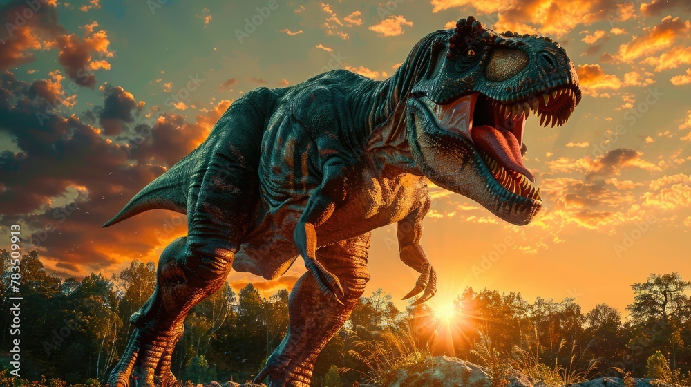 Fototapeta premium AI-generated majestic dinosaurs in a prehistoric landscape. Tyrannosaurus, t-rex. The concept of time when dinosaurs ruled the Earth.