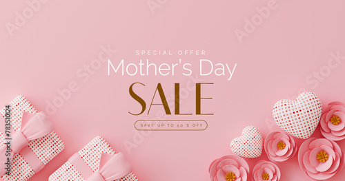 Mother's day sale banner. A pink background with a pink heart and a pink box with a pink bow