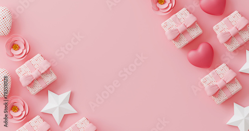 A pink background with a row of white boxes and a heart. for design mother's day and valention day. with copy space