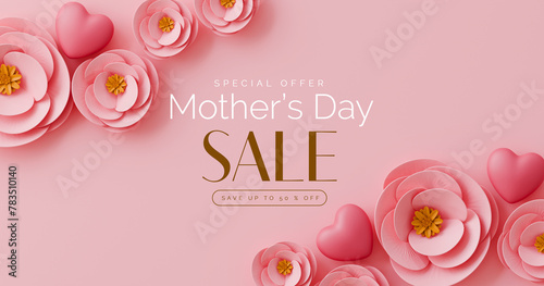 Mother's Day sale banner. A pink background with flowers and hearts. The text says "Mother's Day Sale" and is written in gold