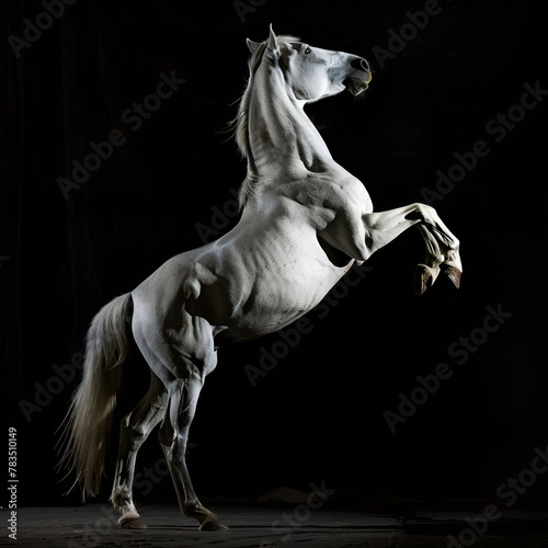 Standing and rearing silver white horse in studio interior dramatic lighting isolated on black