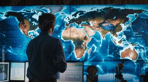 Standing in front of a large map of the world the meteorologist intently studies a series of intricate graphs and charts all related to weather patterns in different regions. With .