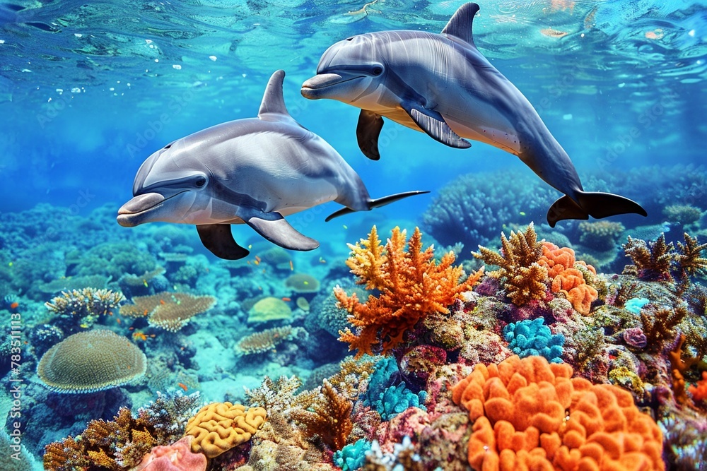 Fototapeta premium Dolphins leaping near a coral reef, vibrant underwater colors, clear ocean, joyful play.