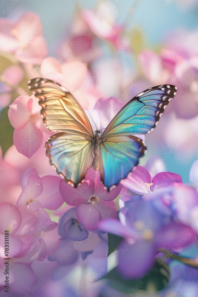 Rainbow butterfly amidst pastel blooms, soft focus, clear background, eye-level, serene beauty. Rainbow butterfly amidst pastel blooms, soft focus, clear background, eye-level, serene beauty.