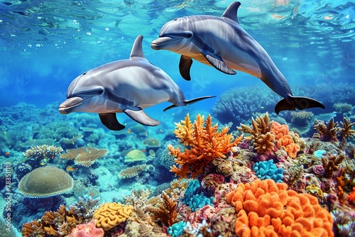 Dolphins leaping near a coral reef, vibrant underwater colors, clear ocean, joyful play.