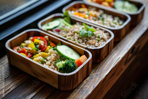 Reusable plastic containers with portions of buckwheat, vegetables and meat. Preparation of Lunch boxes with healthy and delicious dishes for the weekly training menu.