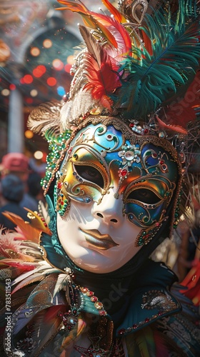 A vibrant fancy dress festival featuring elaborate masks