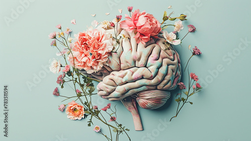 A human brain adorned with flowers