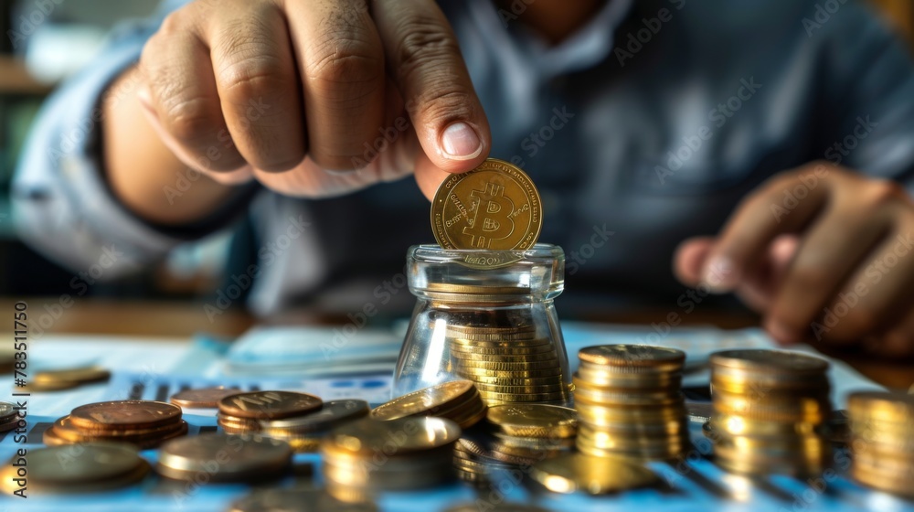 businessman holding coins putting in glass. concept saving money for finance accounting to arrange coins into growing graphs concept. businessman holding coins putting in glass. concept saving money for finance accounting to arrange coins into growing graphs concept.