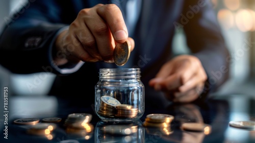 businessman holding coins putting in glass. concept saving money for finance accounting to arrange coins into growing graphs concept. photo