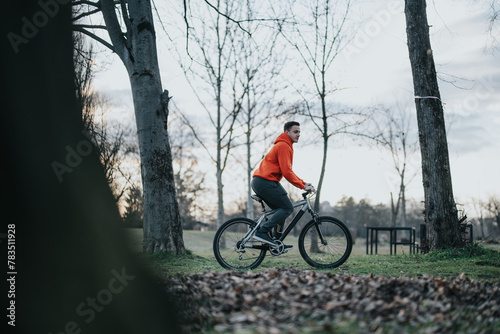 Fototapeta Naklejka Na Ścianę i Meble -  Casual young man with bicycle savors a tranquil evening ride in a city park, embracing a fit and healthy lifestyle.