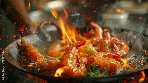 Chef cooking shrimps with mix vegetables on wok frying pan close-up. Prawns on fire throwing them on pan. Restaurant Food concept. Sea food.