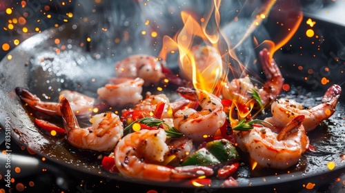 Chef cooking shrimps with mix vegetables on wok frying pan close-up. Prawns on fire throwing them on pan. Restaurant Food concept. Sea food.