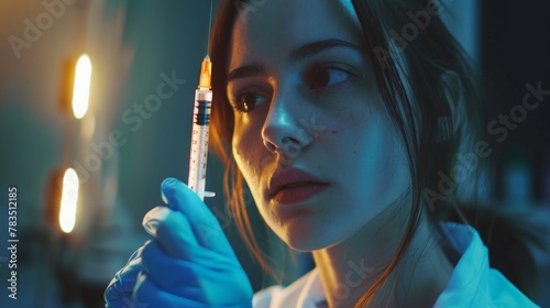 Close up of the young nurse who holds a syringe with medicine. In slow motion photo