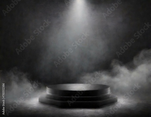 Podium black dark smoke background product platform abstract stage texture fog spotlight. Dark black floor podium dramatic empty night room table concrete wall scene place display studio smoky dust, 