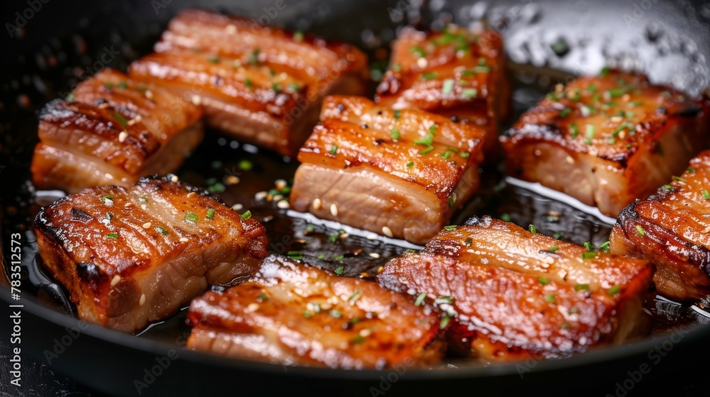 crispy pork belly or deep fried pork slice in pan on black table background. Asian Food