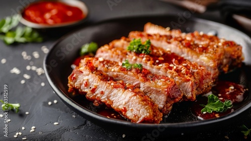 crispy pork belly or deep fried pork slice in pan on black table background. Asian Food photo