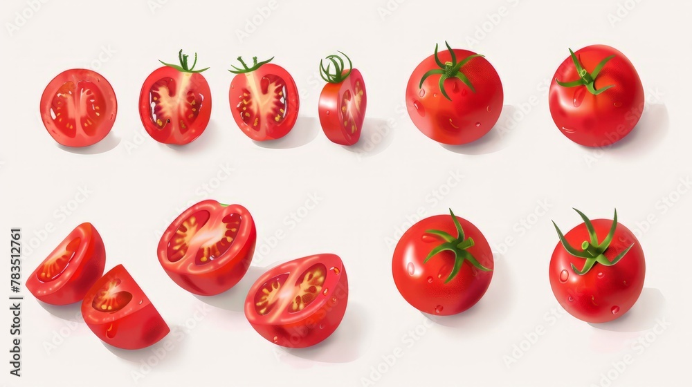 Tomatoes isolated. Tomato whole, cut, half, slice on white. Tomato with clipping path. Tomato set. Tomatoes isolated. Tomato whole, cut, half, slice on white. Tomato with clipping path. Tomato set.