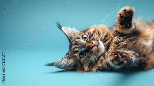 Cute cat lying on back with paws up on colored background. Relaxed and happy indoor cat with paws in the air. Fluffy long hair female kitty. Torbie or calico cat. Selective focus. Blue background. photo